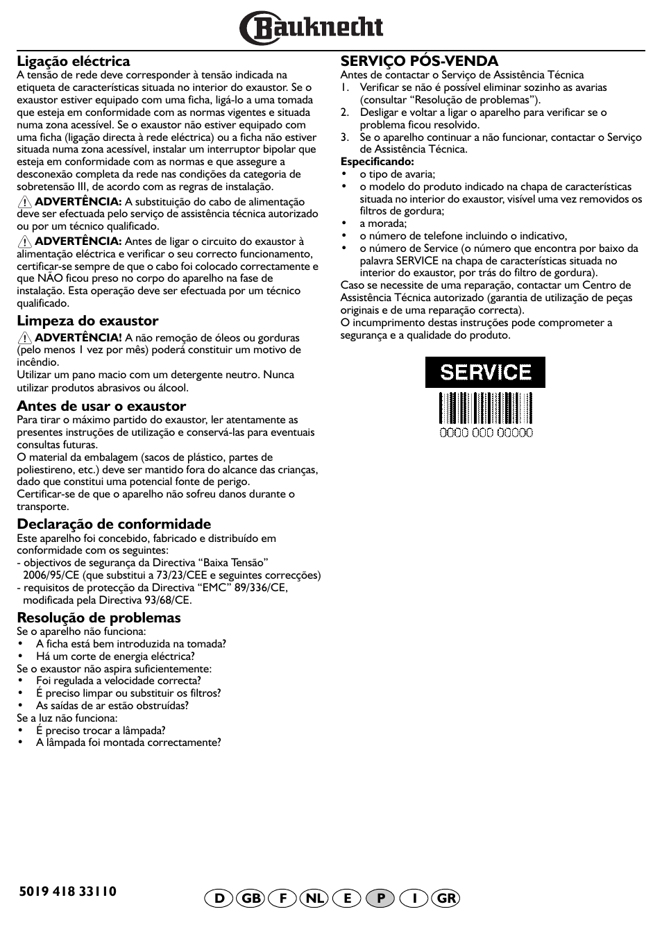 Ligação eléctrica, Limpeza do exaustor, Antes de usar o exaustor | Declaração de conformidade, Resolução de problemas, Serviço pós-venda | BAUKNECHT DF 5563 IN User Manual | Page 22 / 32