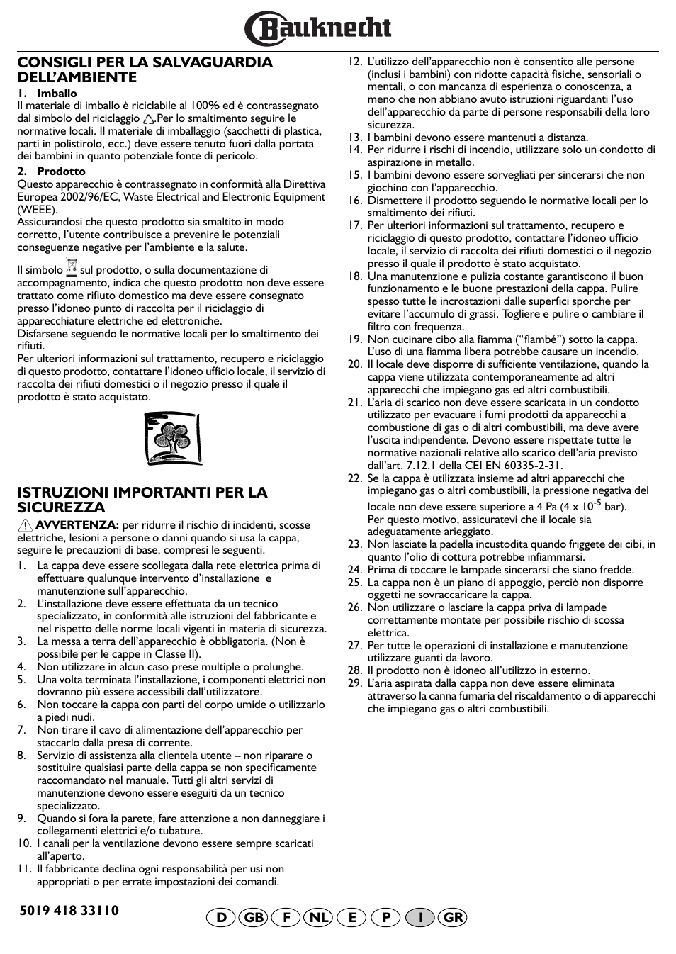 Consigli per la salvaguardia dell’ambiente, Istruzioni importanti per la sicurezza | BAUKNECHT DF 5563 IN User Manual | Page 24 / 32