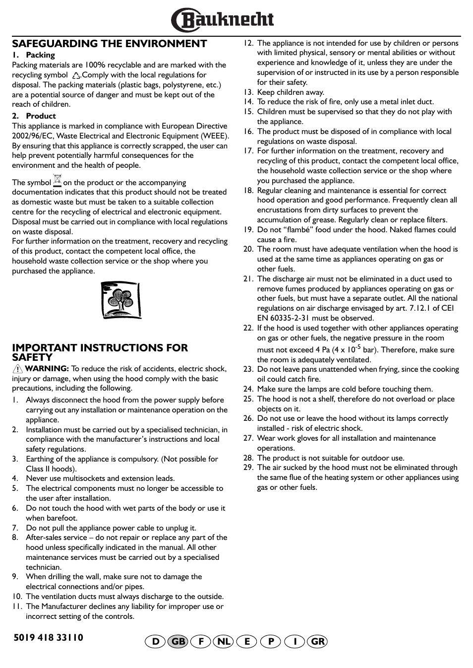 Safeguarding the environment, Important instructions for safety | BAUKNECHT DF 5563 IN User Manual | Page 9 / 32