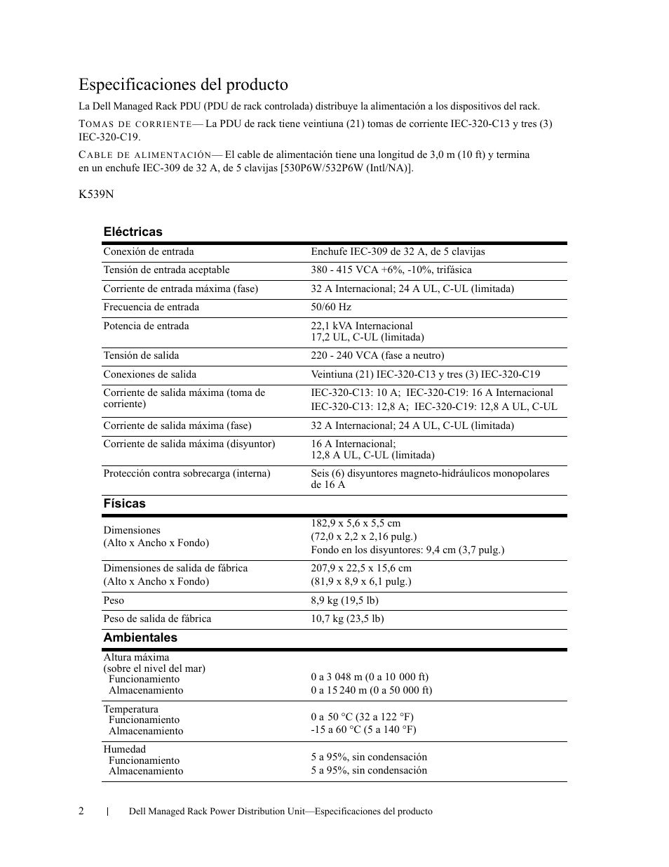 Especificaciones del producto | Dell Managed PDU LED User Manual | Page 10 / 33