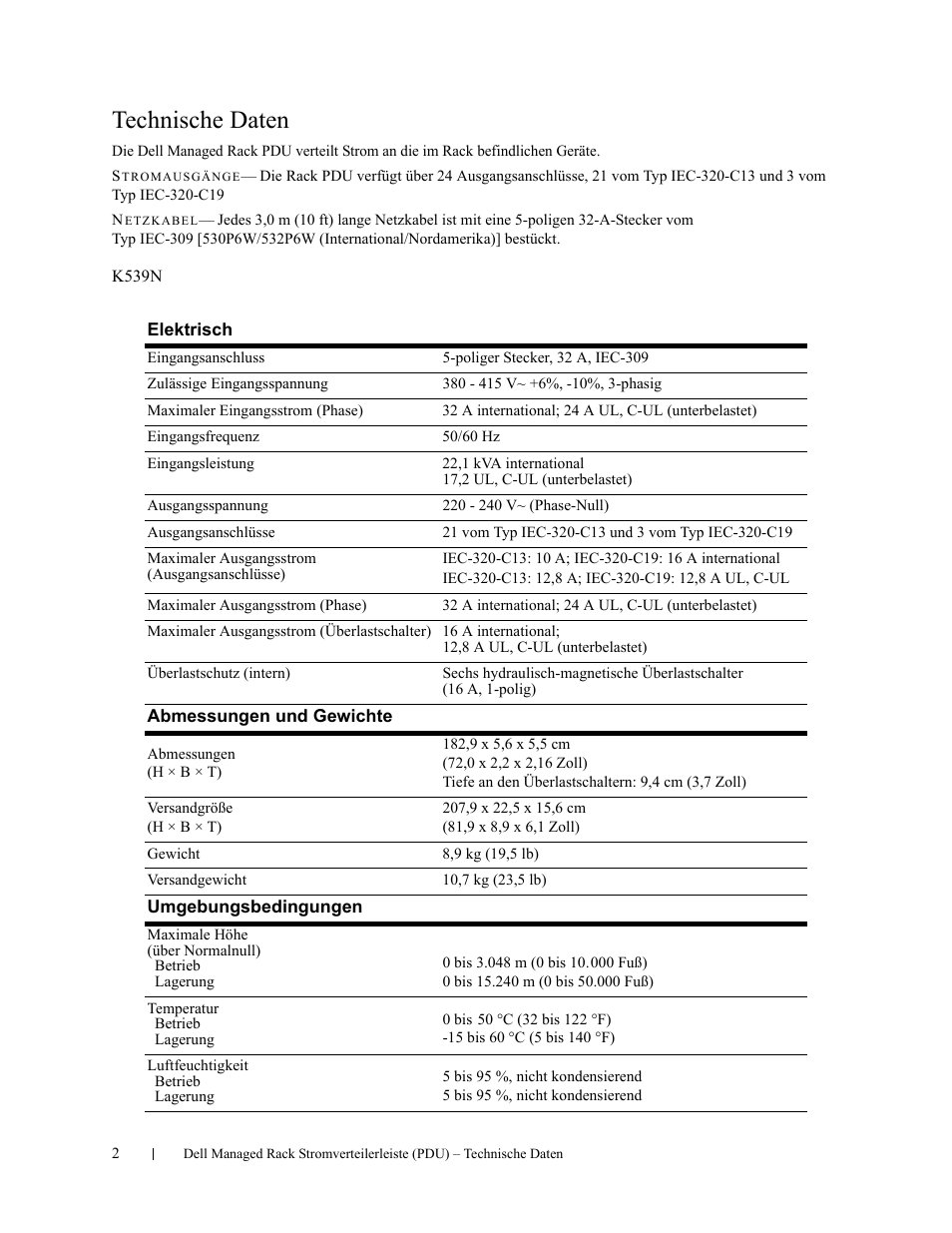 Technische daten | Dell Managed PDU LED User Manual | Page 19 / 33