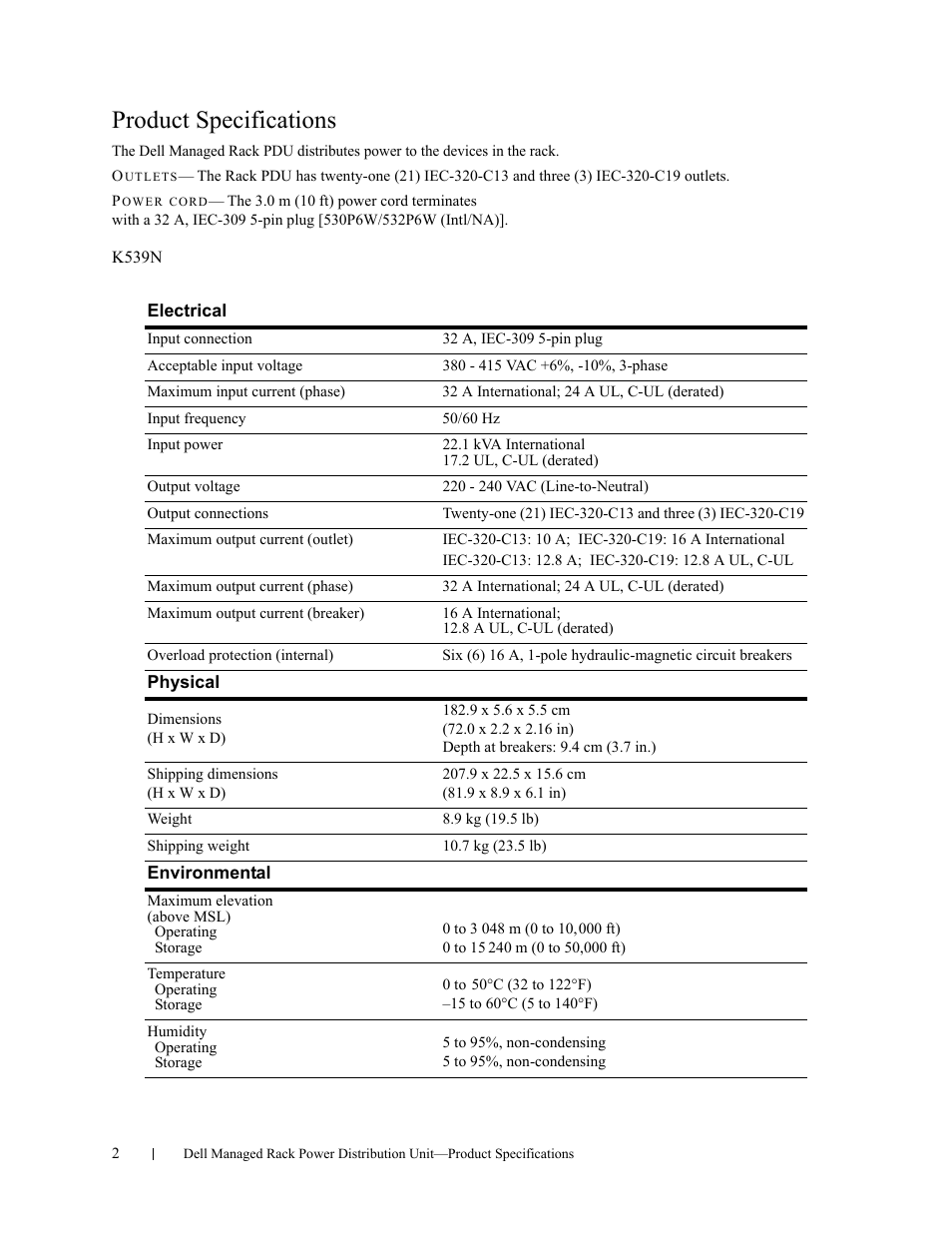 Product specifications | Dell Managed PDU LED User Manual | Page 2 / 33