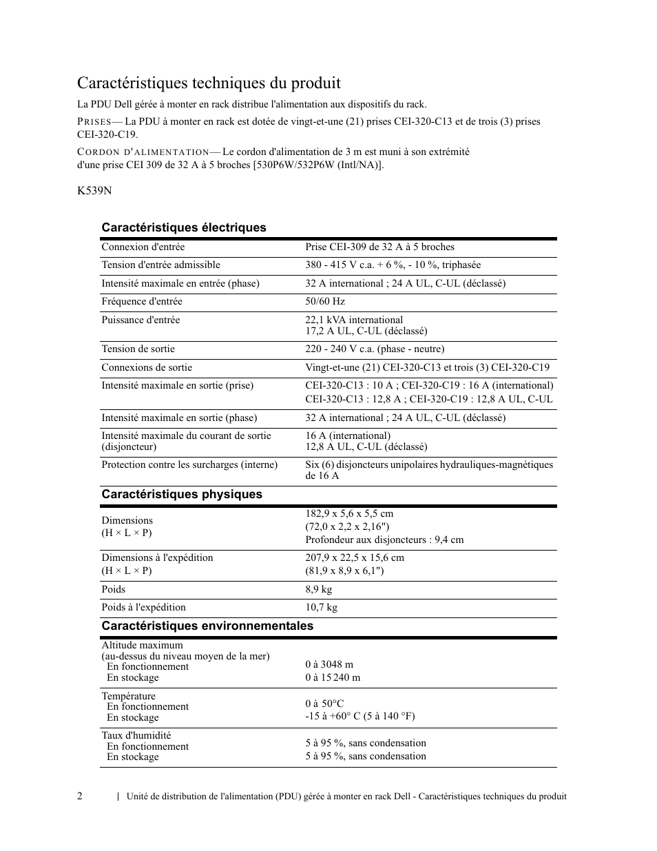 Caractéristiques techniques du produit | Dell Managed PDU LED User Manual | Page 6 / 33