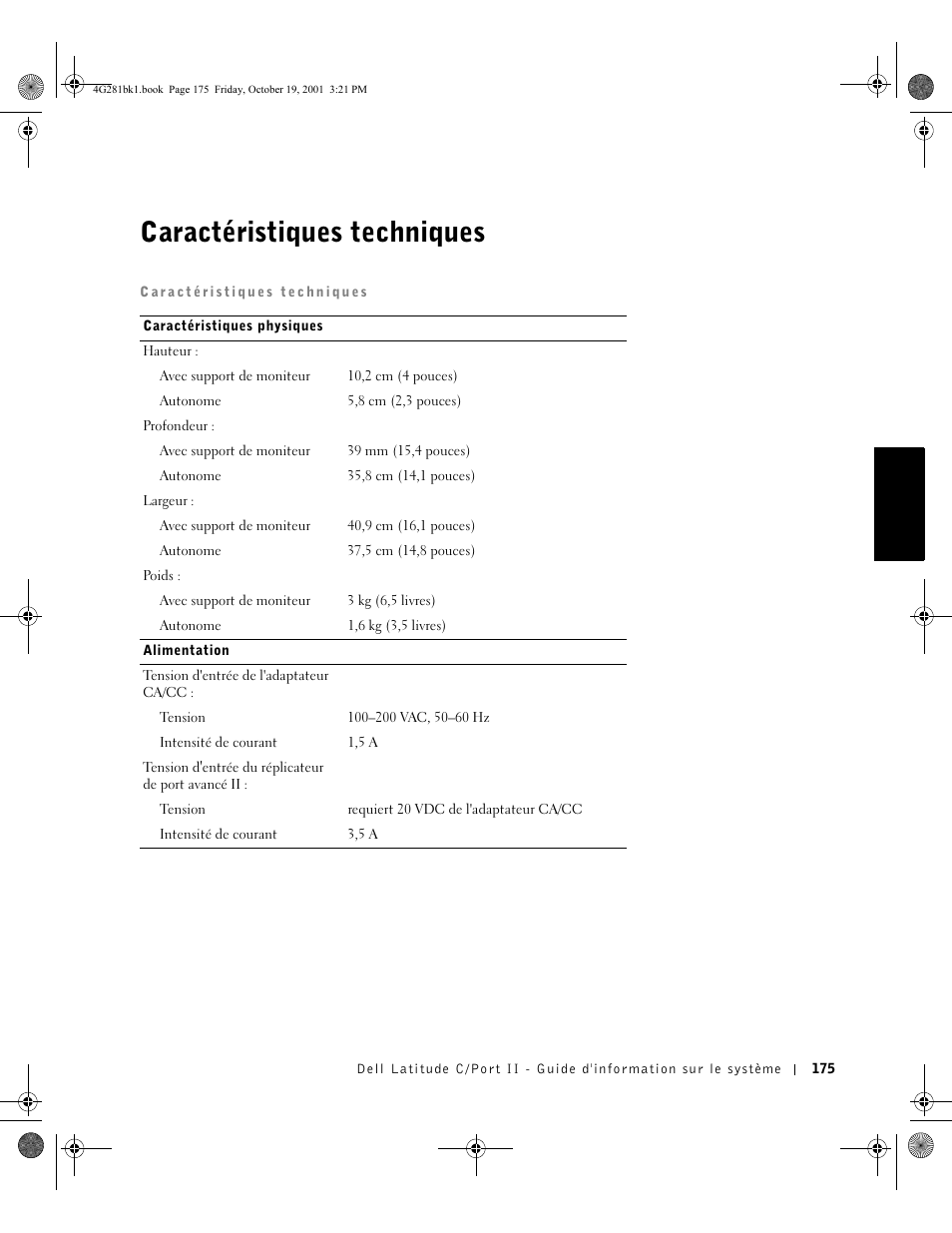 Caractéristiques techniques | Dell C__Port II APR User Manual | Page 177 / 438