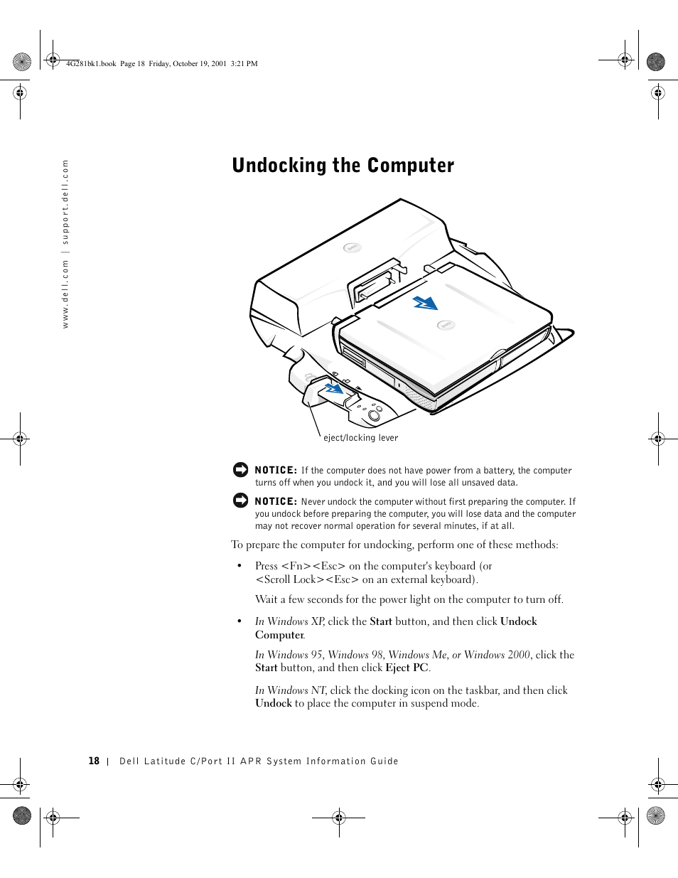 Undocking the computer | Dell C__Port II APR User Manual | Page 20 / 438