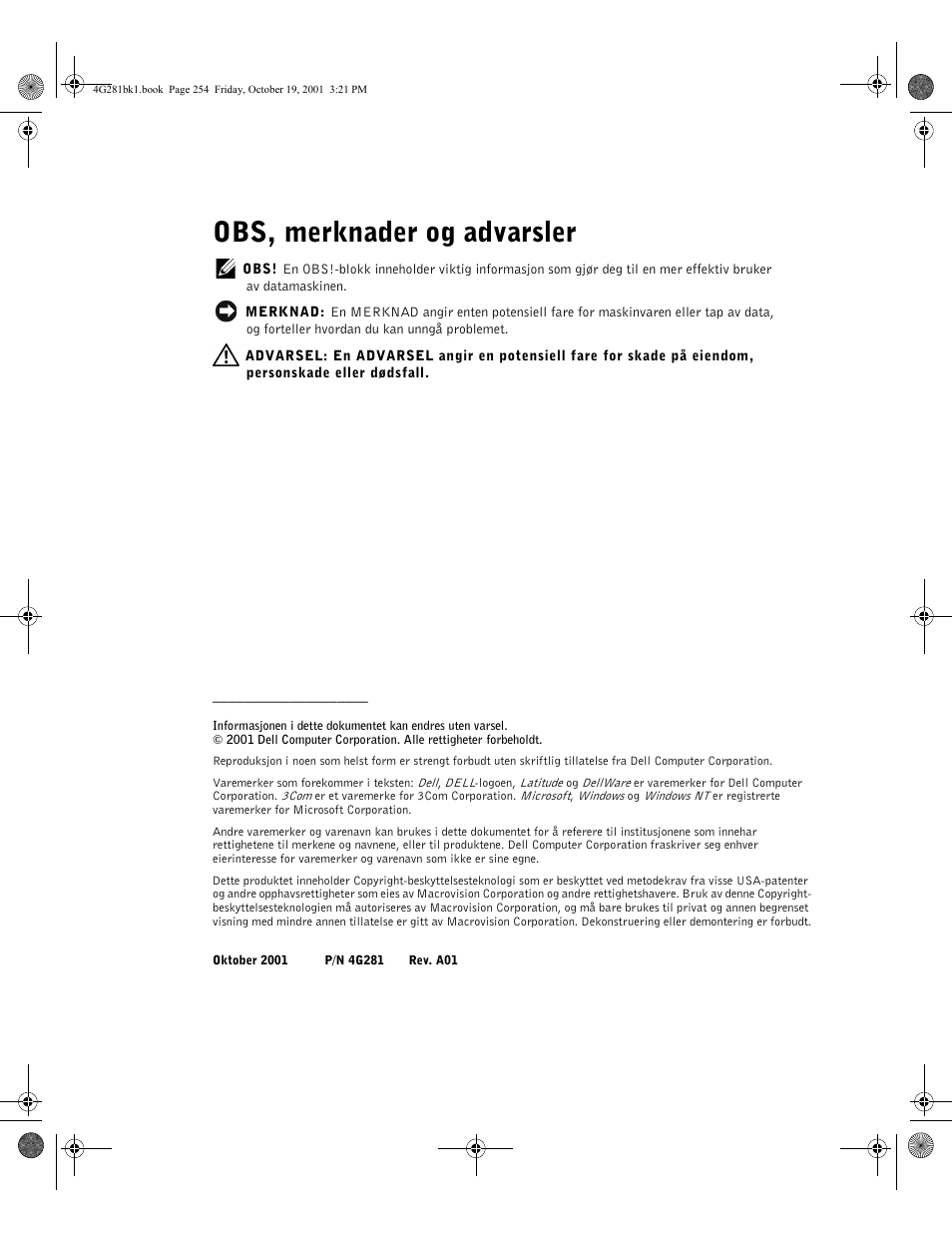 Obs, merknader og advarsler | Dell C__Port II APR User Manual | Page 256 / 438