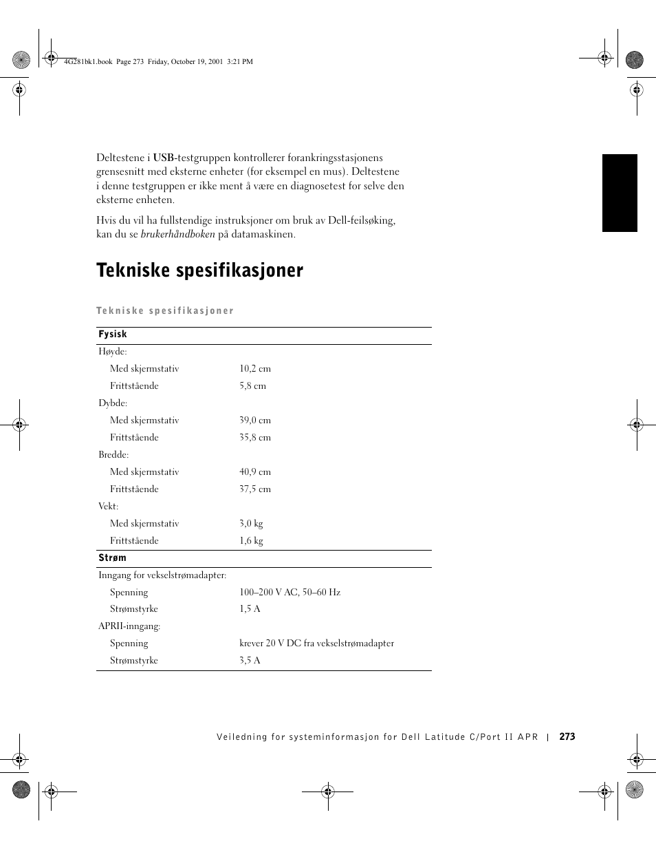 Tekniske spesifikasjoner | Dell C__Port II APR User Manual | Page 275 / 438