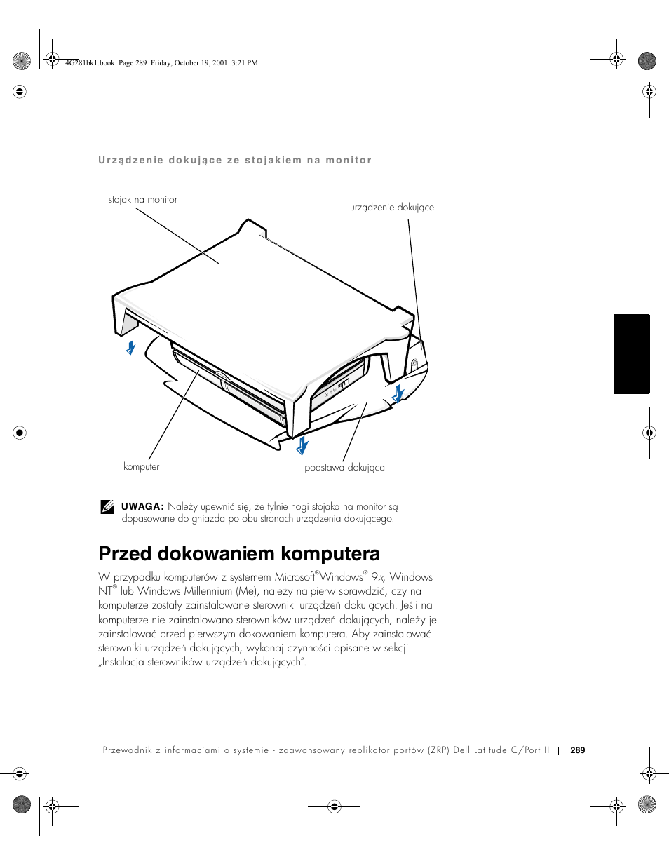 Przed dokowaniem komputera | Dell C__Port II APR User Manual | Page 291 / 438