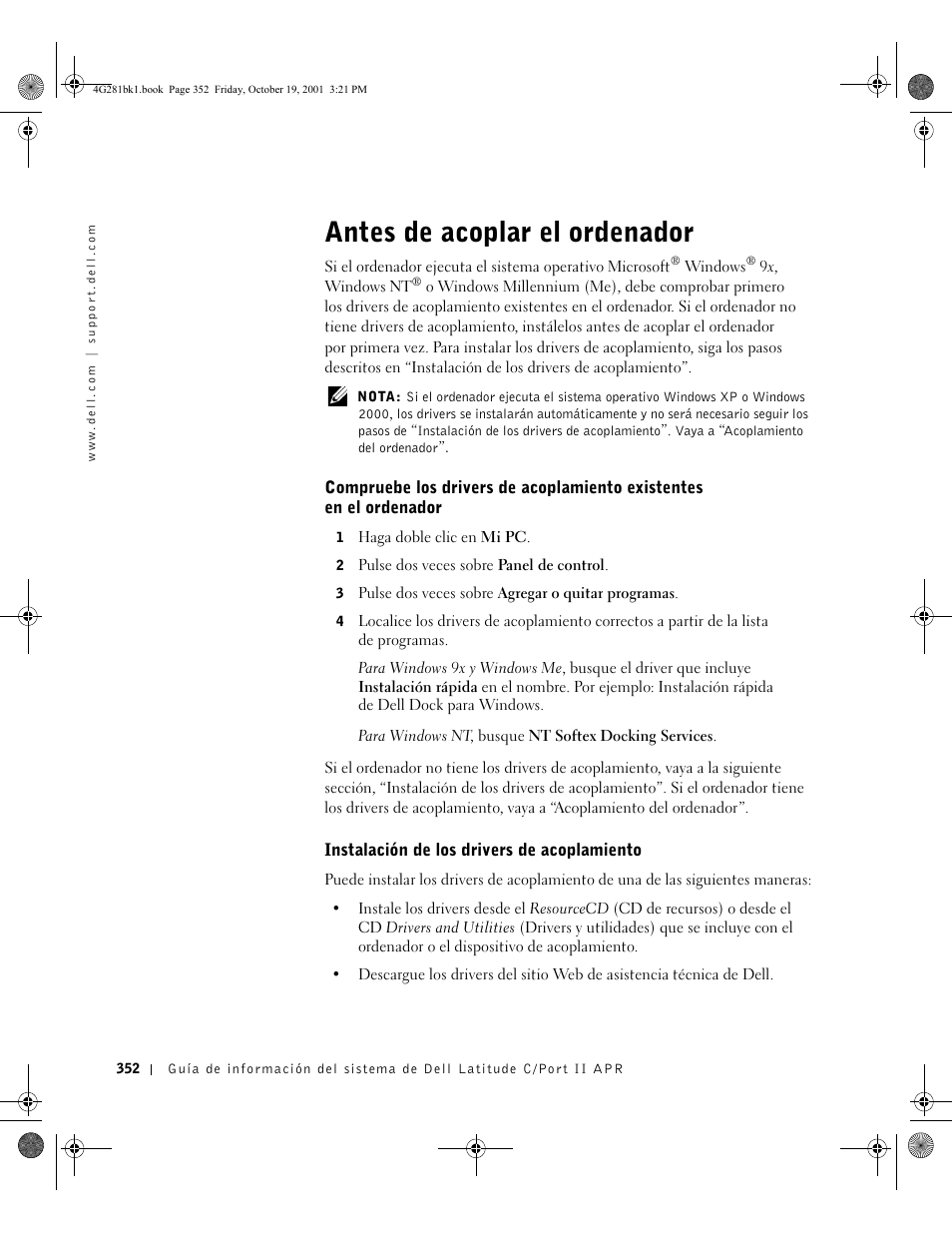 Antes de acoplar el ordenador | Dell C__Port II APR User Manual | Page 354 / 438