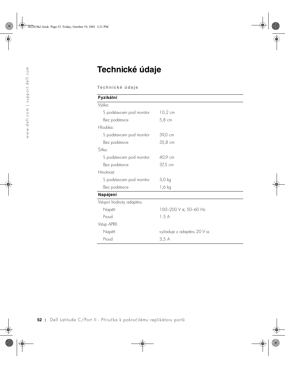 Technické údaje | Dell C__Port II APR User Manual | Page 54 / 438