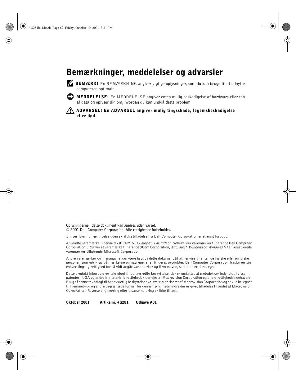 Bemærkninger, meddelelser og advarsler | Dell C__Port II APR User Manual | Page 64 / 438