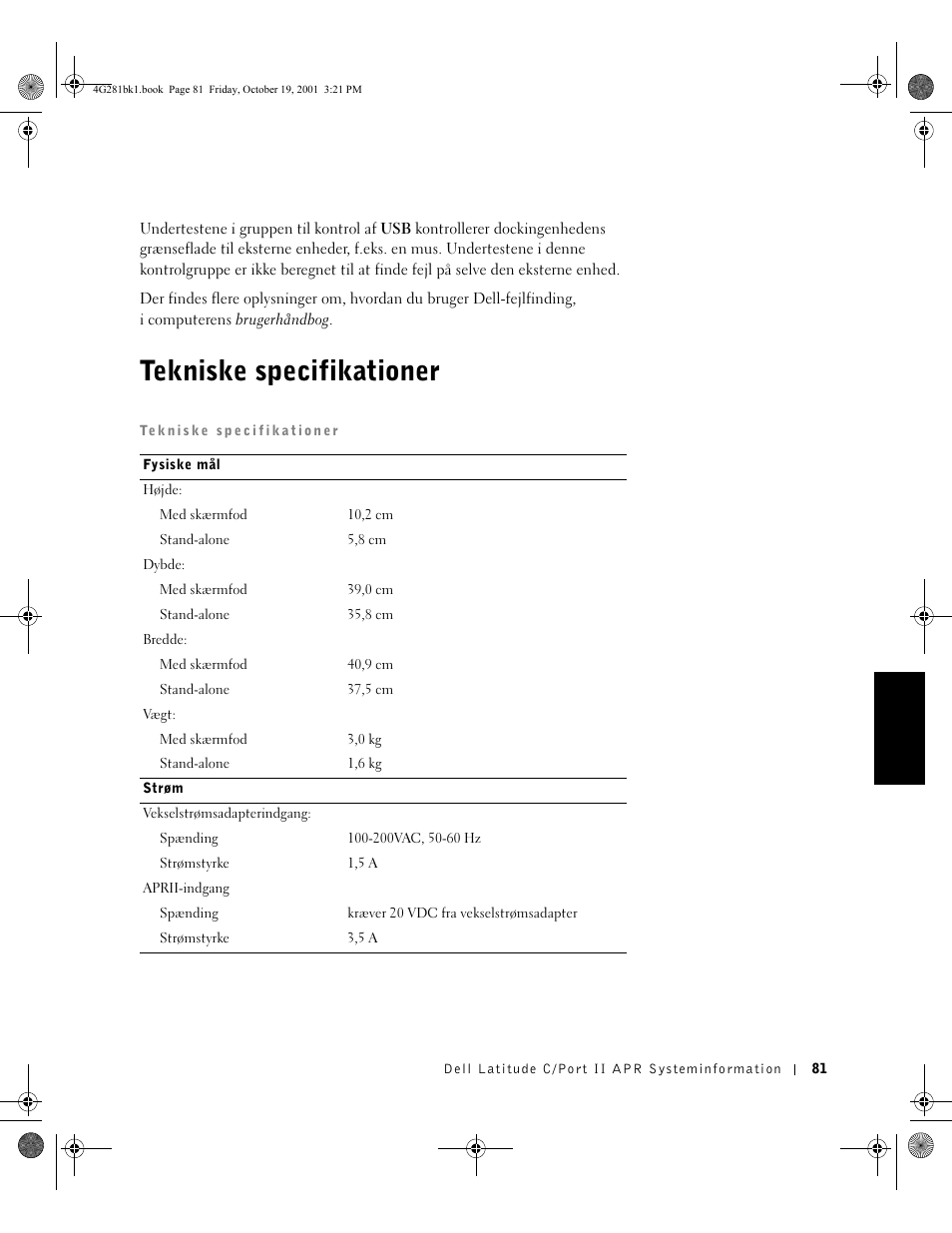 Tekniske specifikationer | Dell C__Port II APR User Manual | Page 83 / 438