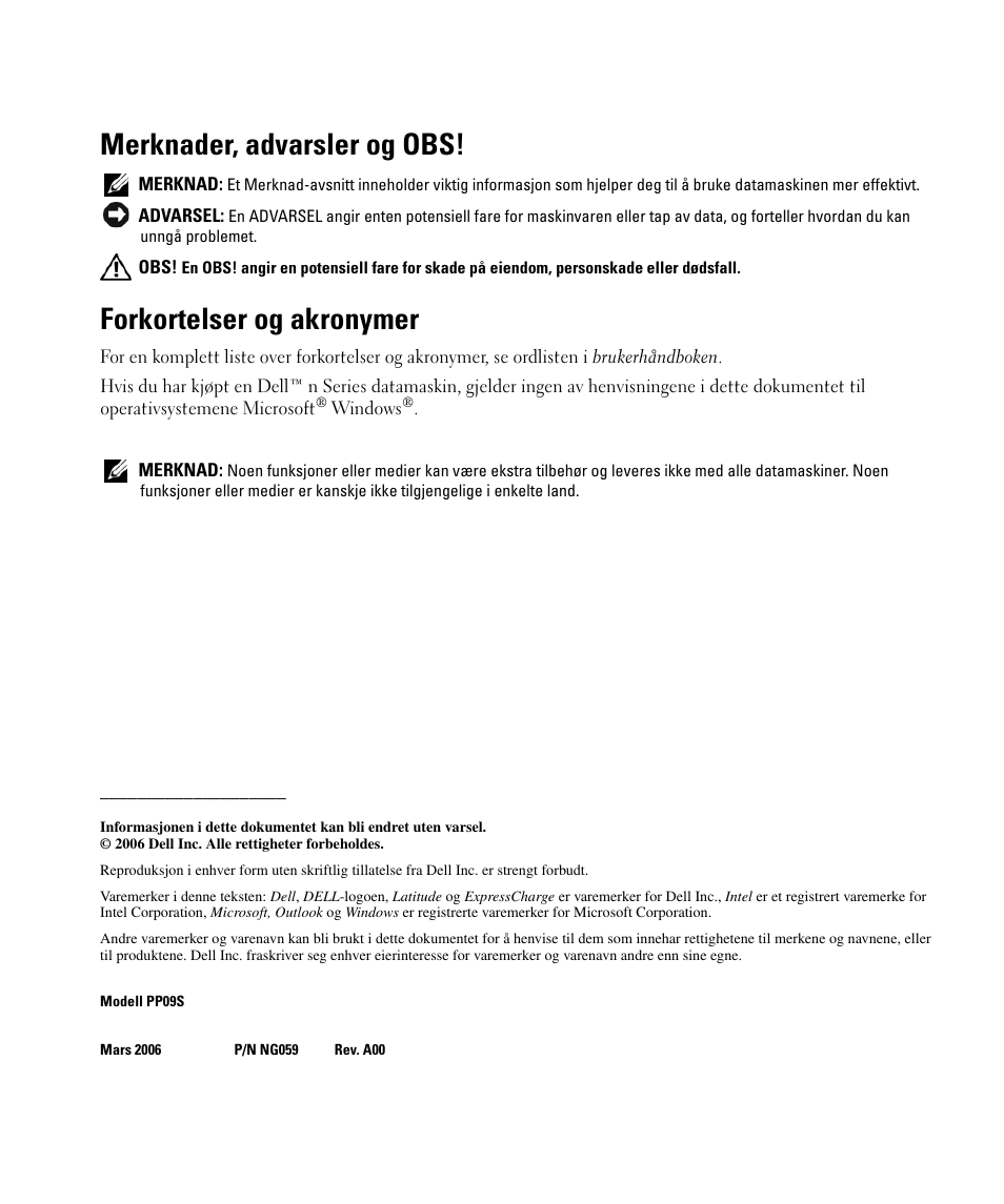 Merknader, advarsler og obs, Forkortelser og akronymer | Dell Latitude D420 User Manual | Page 102 / 226