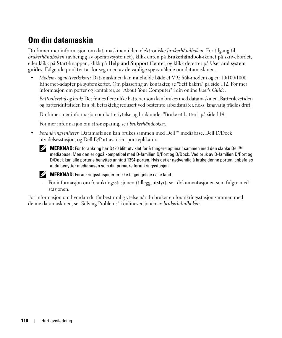Om din datamaskin | Dell Latitude D420 User Manual | Page 110 / 226