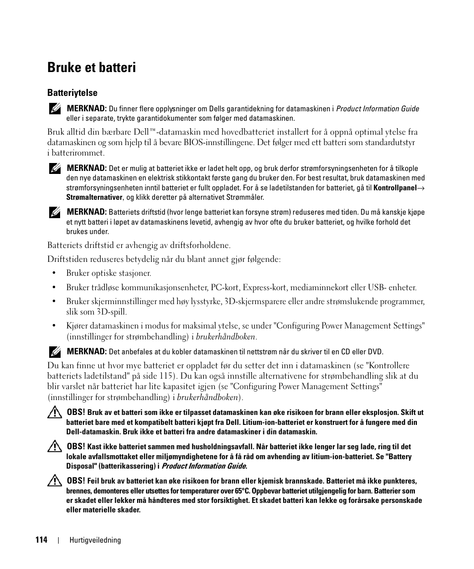 Bruke et batteri, Batteriytelse | Dell Latitude D420 User Manual | Page 114 / 226