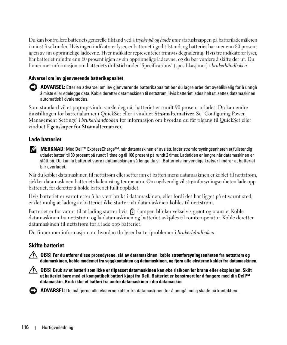 Lade batteriet, Skifte batteriet | Dell Latitude D420 User Manual | Page 116 / 226