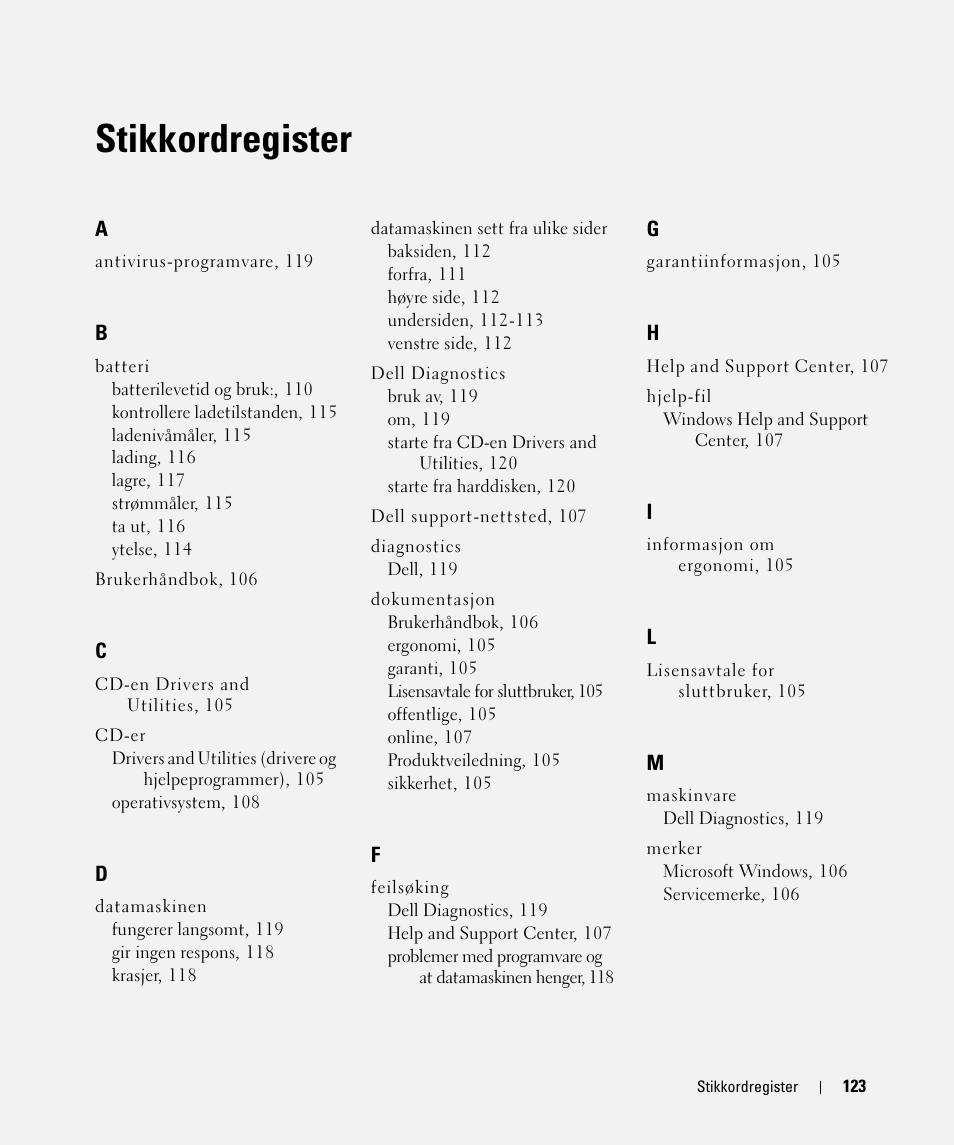 Stikkordregister | Dell Latitude D420 User Manual | Page 123 / 226