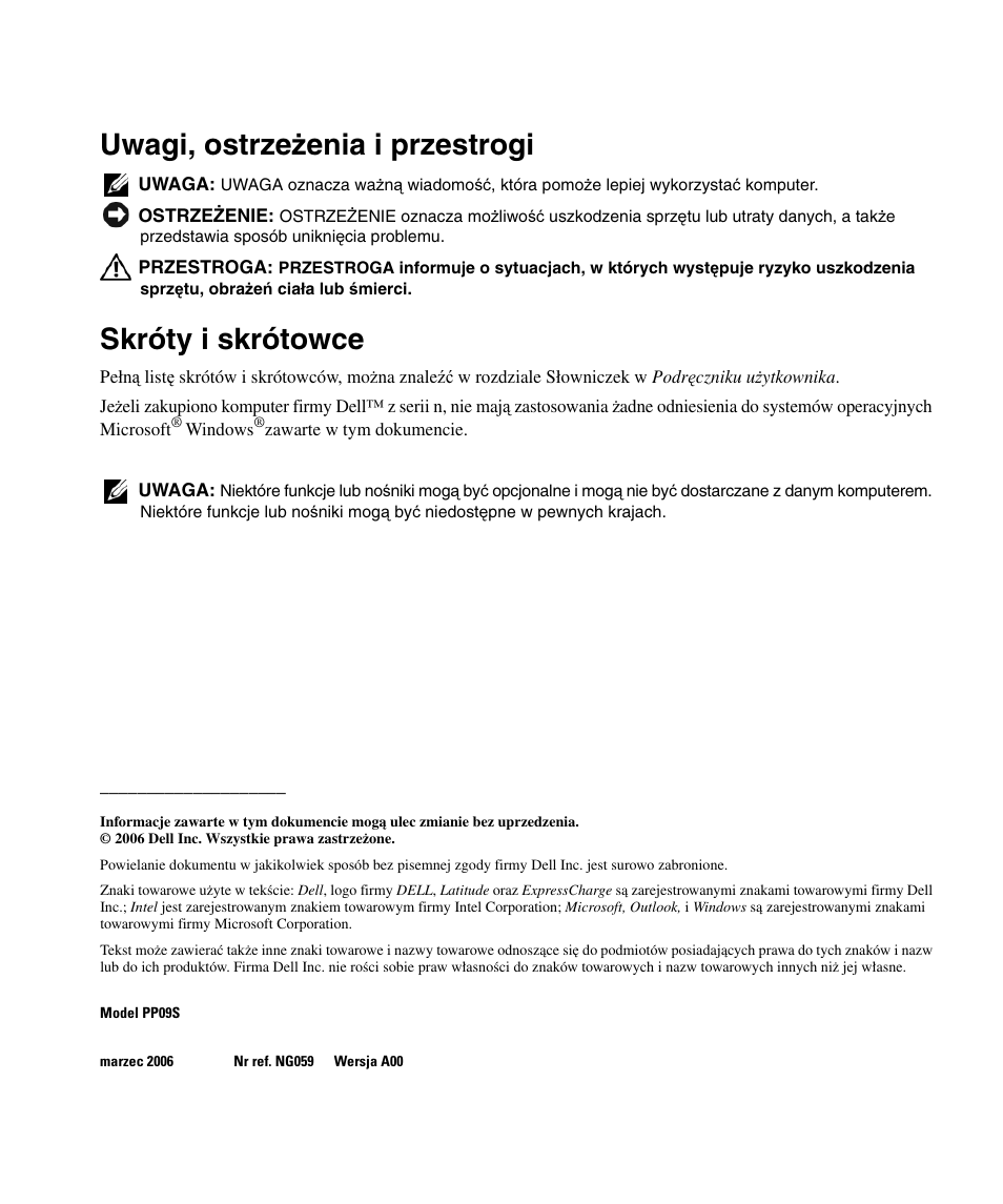 Uwagi, ostrze ż enia i przestrogi, Skróty i skrótowce | Dell Latitude D420 User Manual | Page 126 / 226