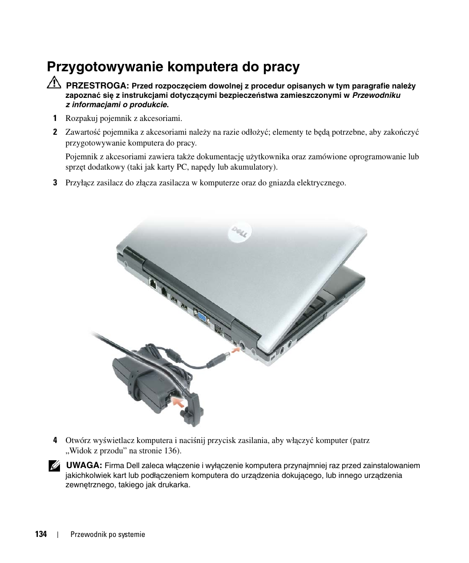 Przygotowywanie komputera do pracy | Dell Latitude D420 User Manual | Page 134 / 226