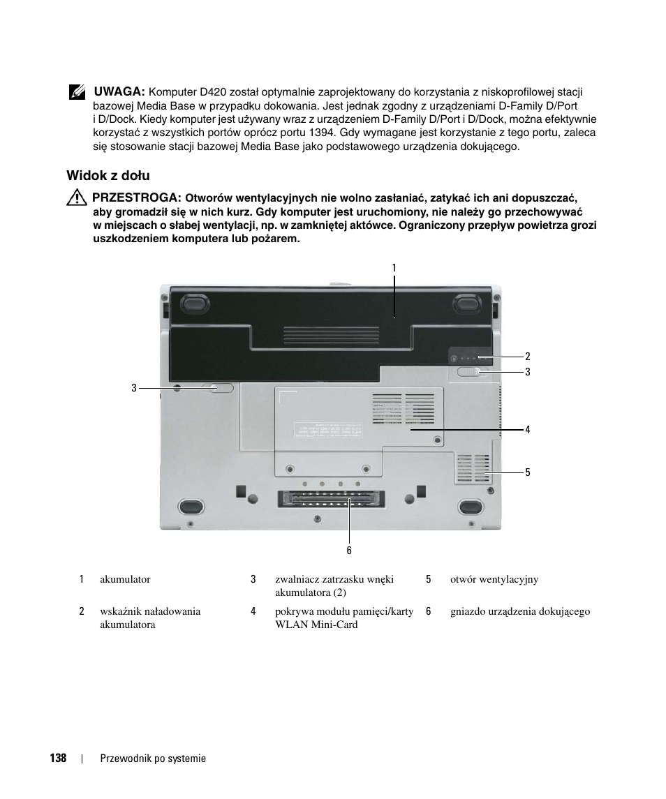 Widok z dołu | Dell Latitude D420 User Manual | Page 138 / 226