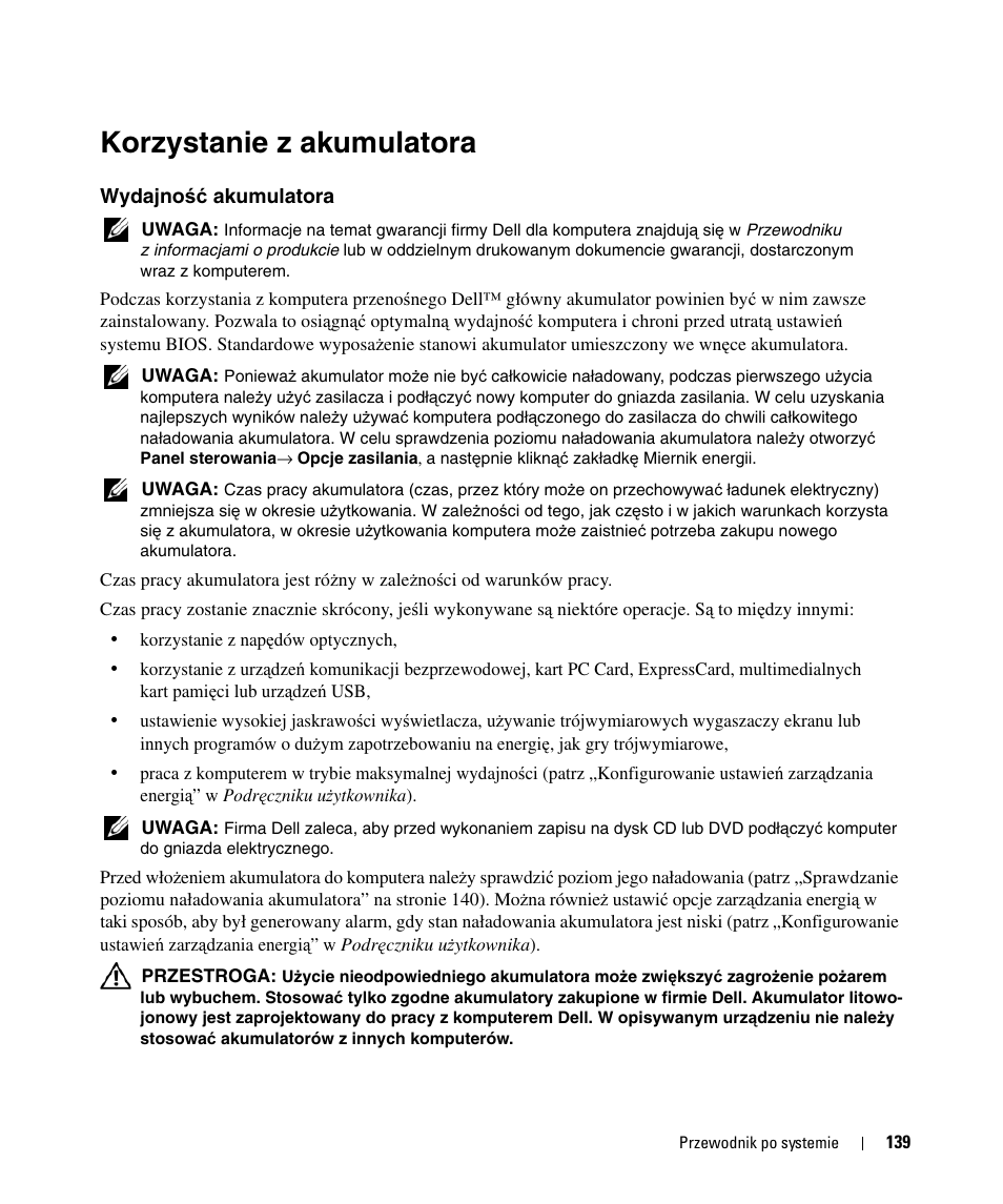 Korzystanie z akumulatora, Wydajność akumulatora, Wydajno | Ść akumulatora | Dell Latitude D420 User Manual | Page 139 / 226