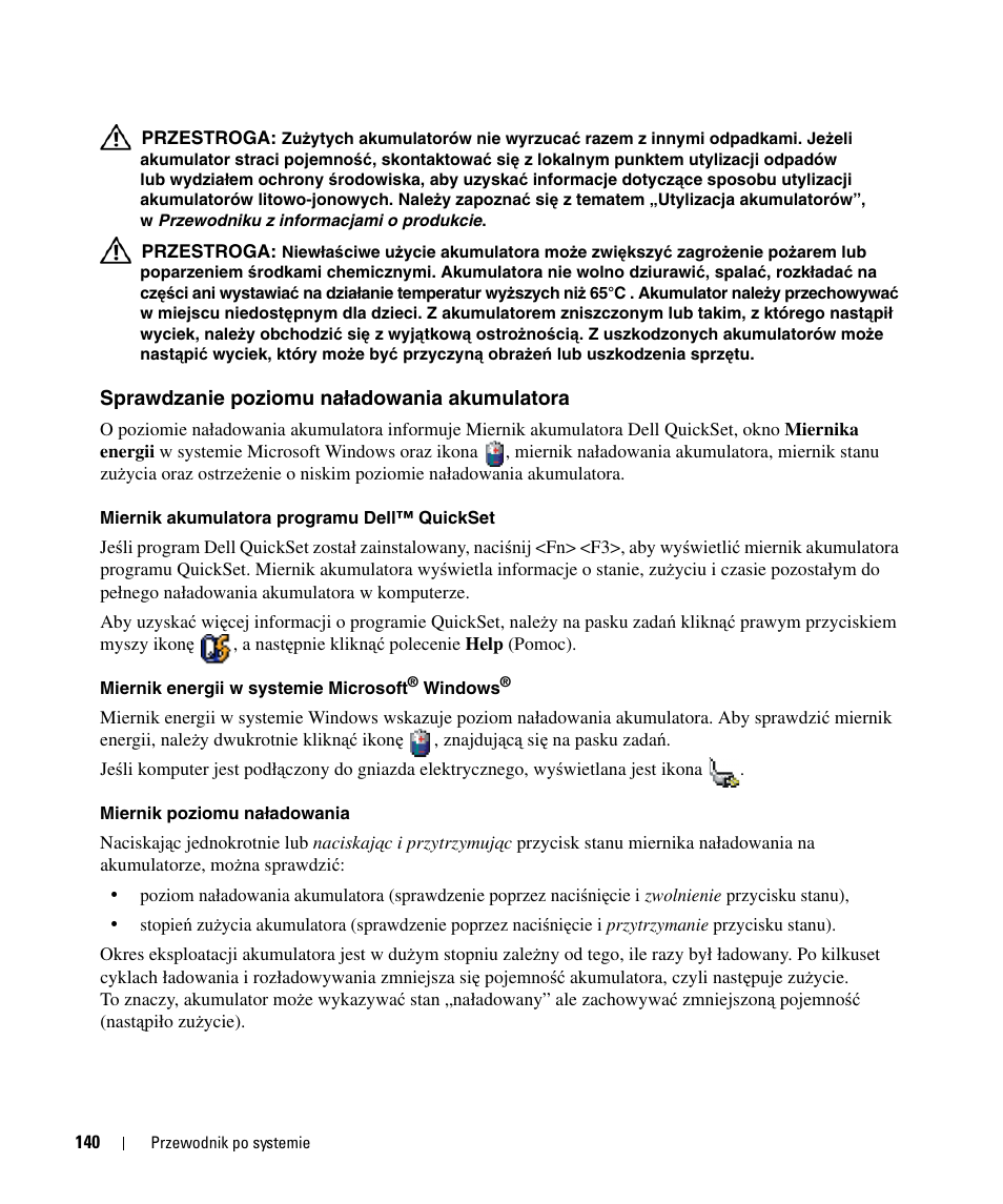 Sprawdzanie poziomu naładowania akumulatora | Dell Latitude D420 User Manual | Page 140 / 226