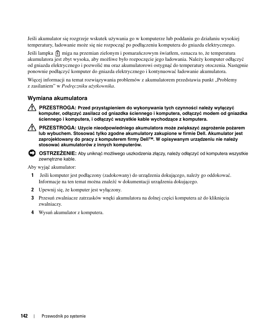 Wymiana akumulatora | Dell Latitude D420 User Manual | Page 142 / 226