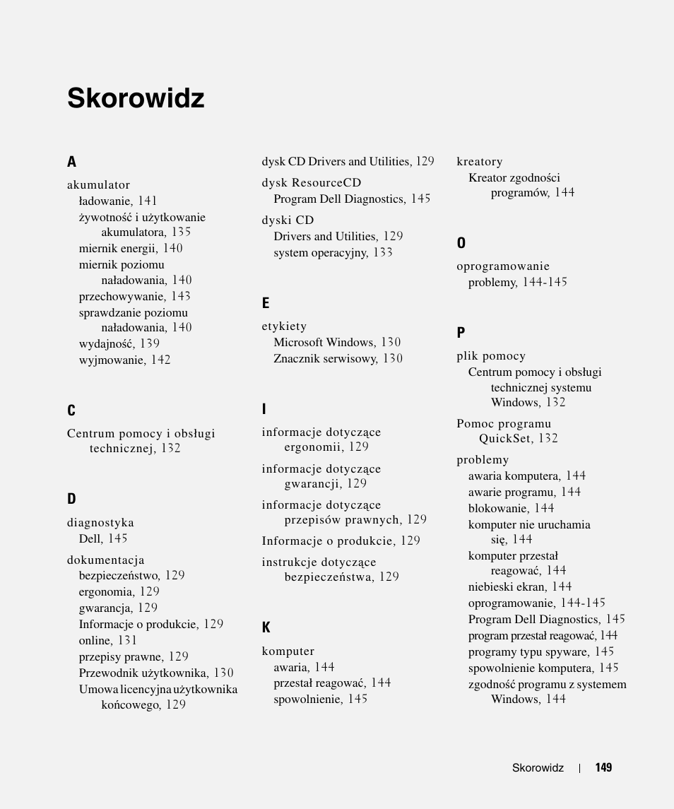 Skorowidz | Dell Latitude D420 User Manual | Page 149 / 226
