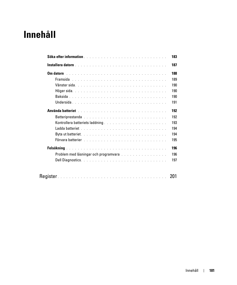 Innehåll, Register | Dell Latitude D420 User Manual | Page 181 / 226