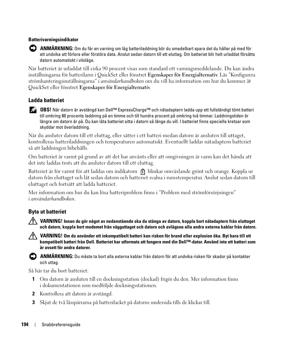 Ladda batteriet, Byta ut batteriet | Dell Latitude D420 User Manual | Page 194 / 226