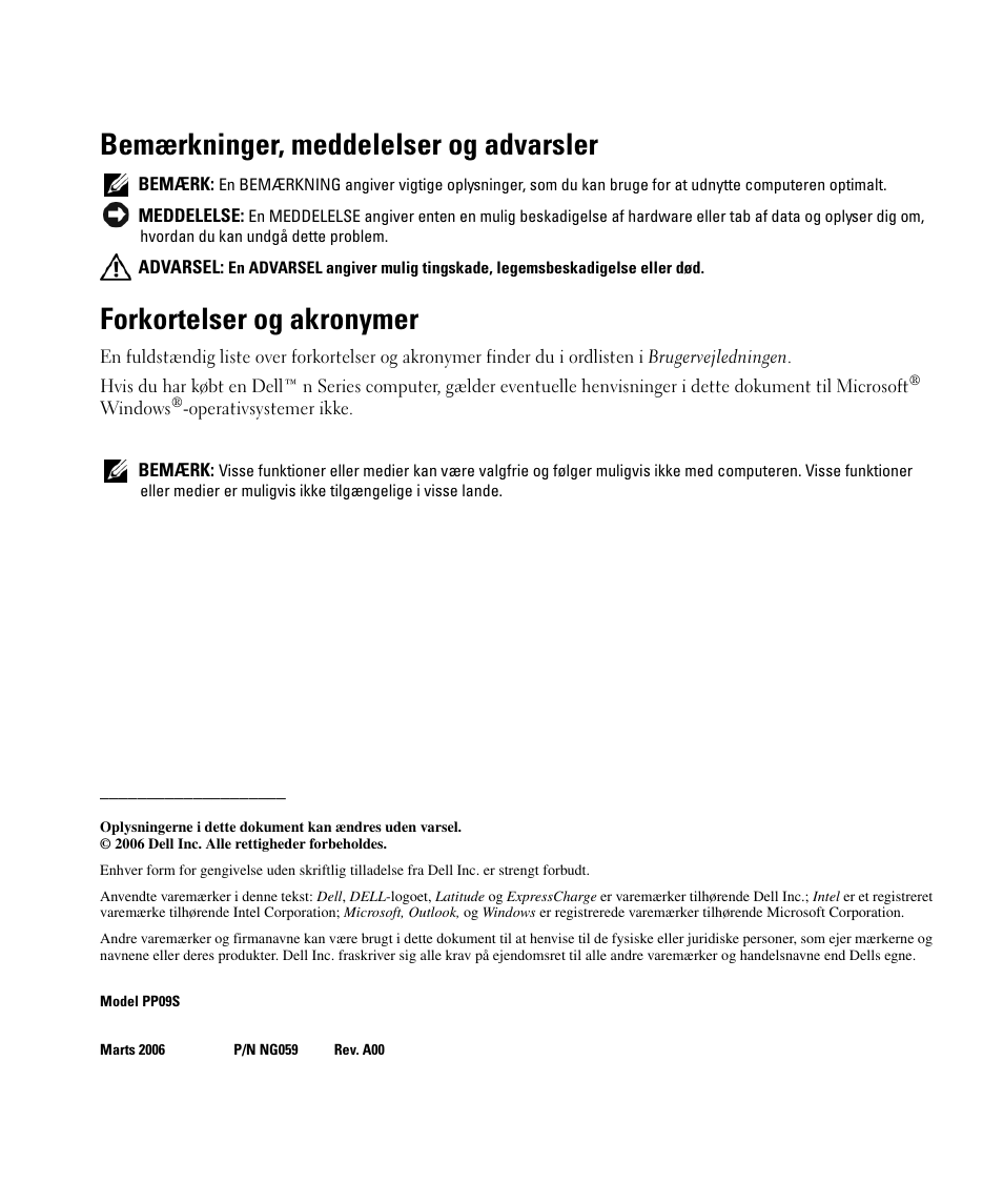 Bemærkninger, meddelelser og advarsler, Forkortelser og akronymer | Dell Latitude D420 User Manual | Page 26 / 226