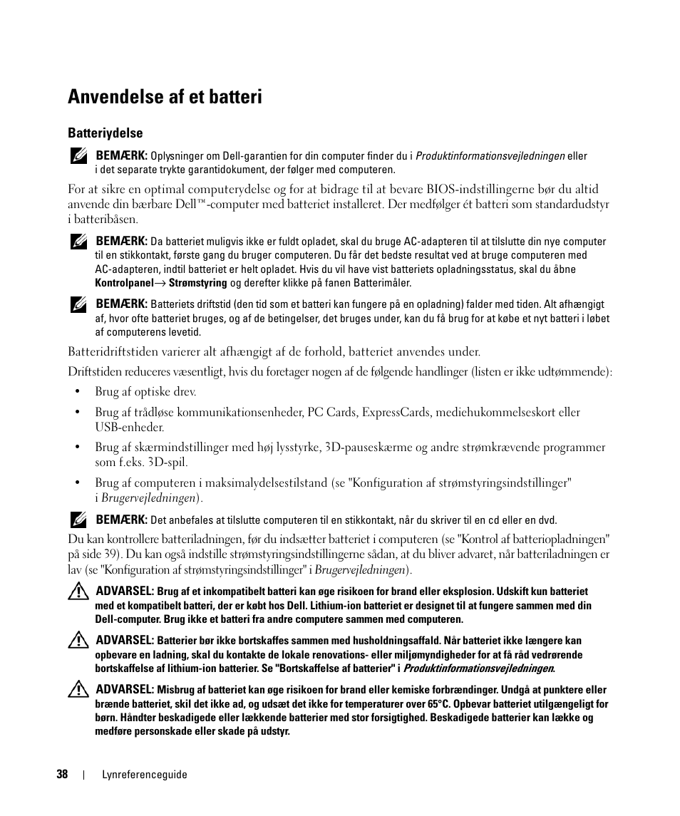 Anvendelse af et batteri, Batteriydelse | Dell Latitude D420 User Manual | Page 38 / 226