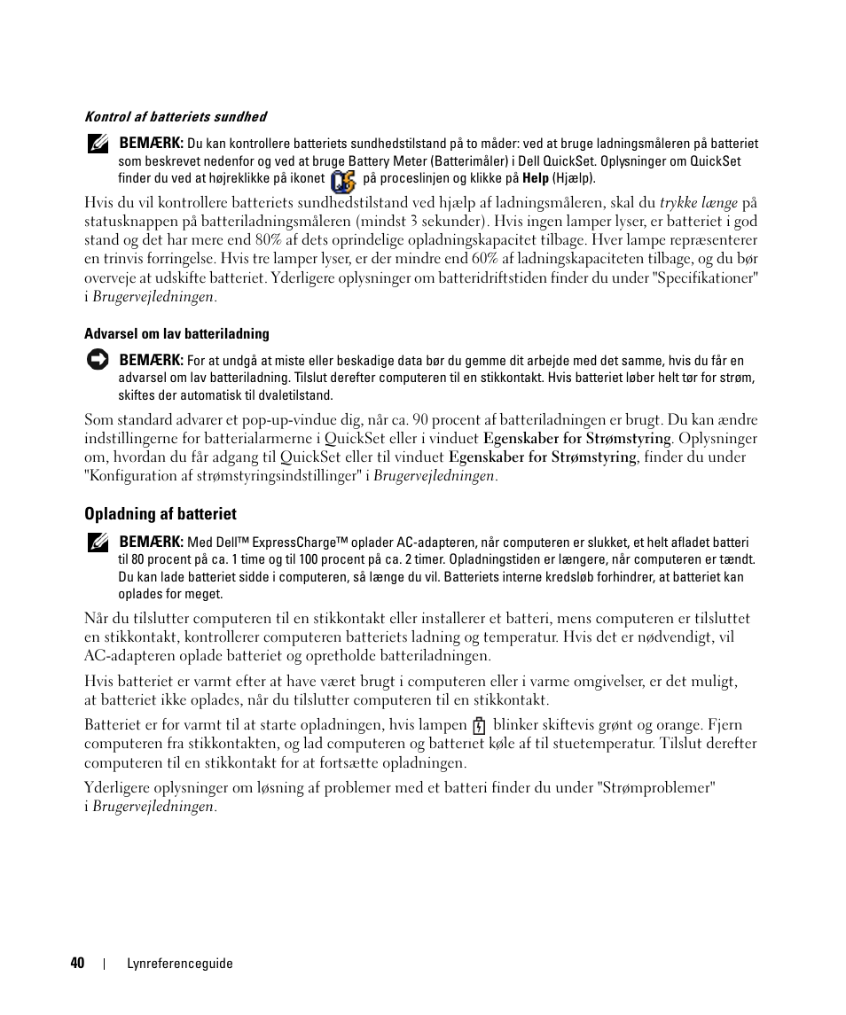 Opladning af batteriet | Dell Latitude D420 User Manual | Page 40 / 226