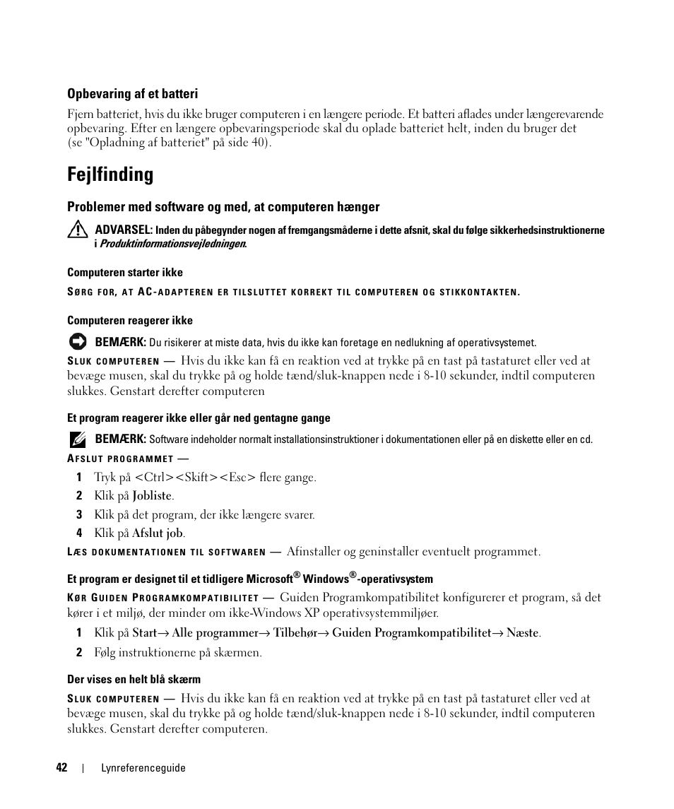 Opbevaring af et batteri, Fejlfinding | Dell Latitude D420 User Manual | Page 42 / 226