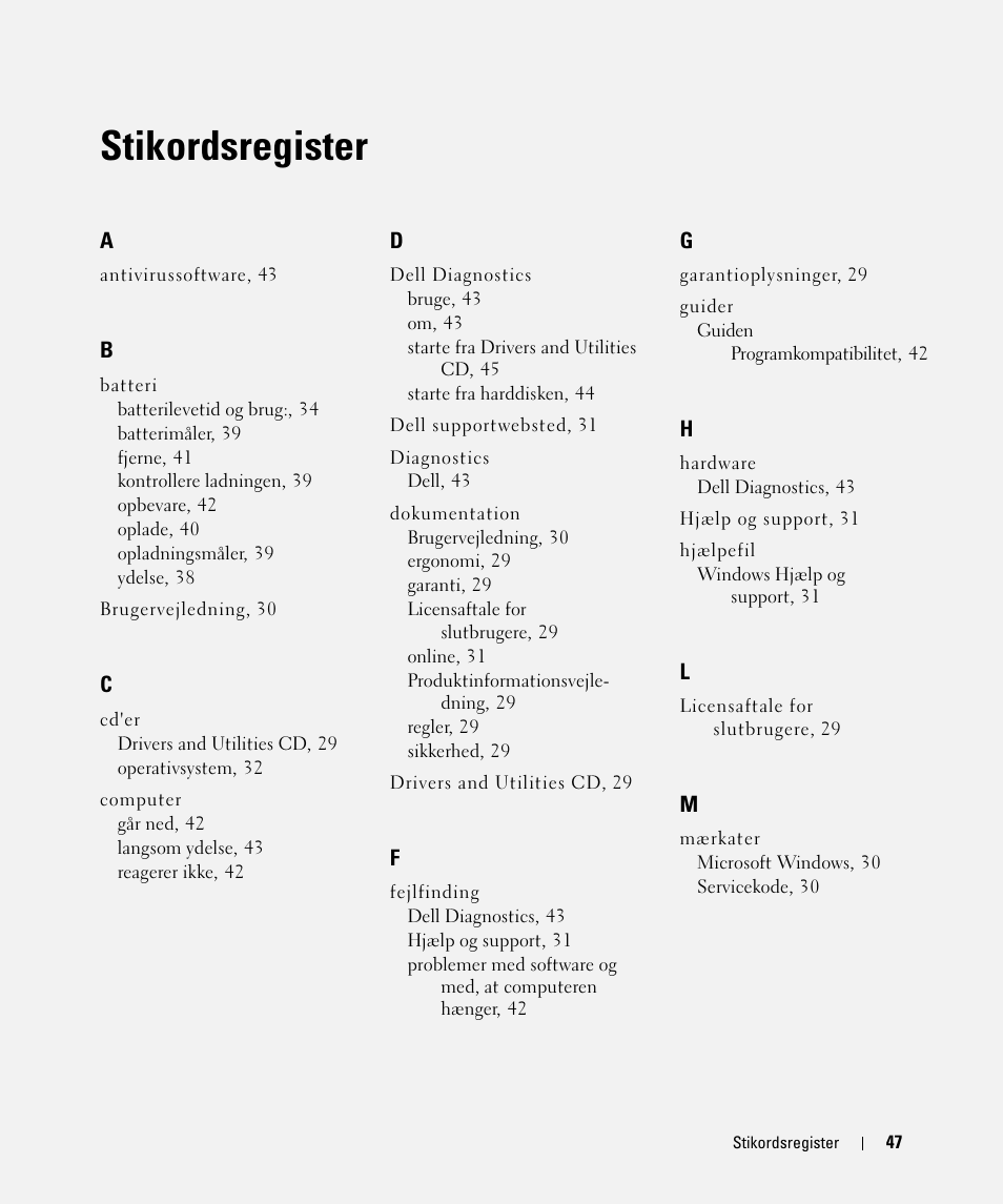 Stikordsregister | Dell Latitude D420 User Manual | Page 47 / 226