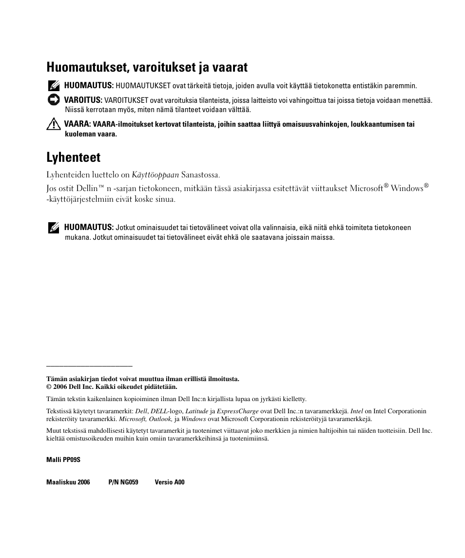 Huomautukset, varoitukset ja vaarat, Lyhenteet | Dell Latitude D420 User Manual | Page 50 / 226