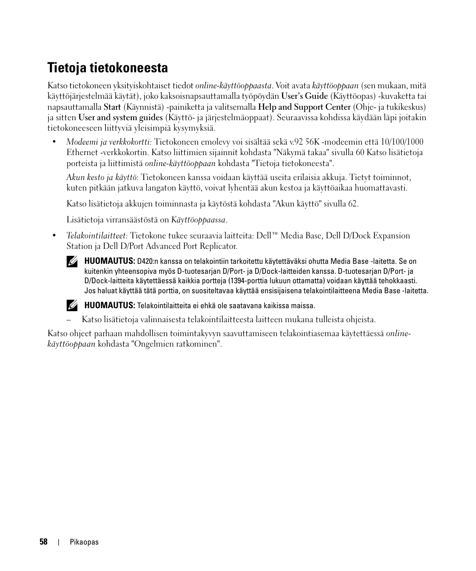 Tietoja tietokoneesta | Dell Latitude D420 User Manual | Page 58 / 226