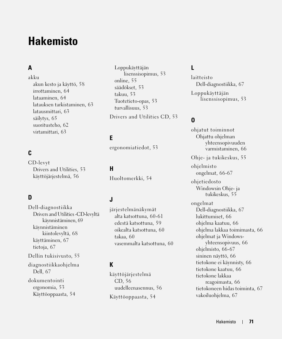 Hakemisto | Dell Latitude D420 User Manual | Page 71 / 226