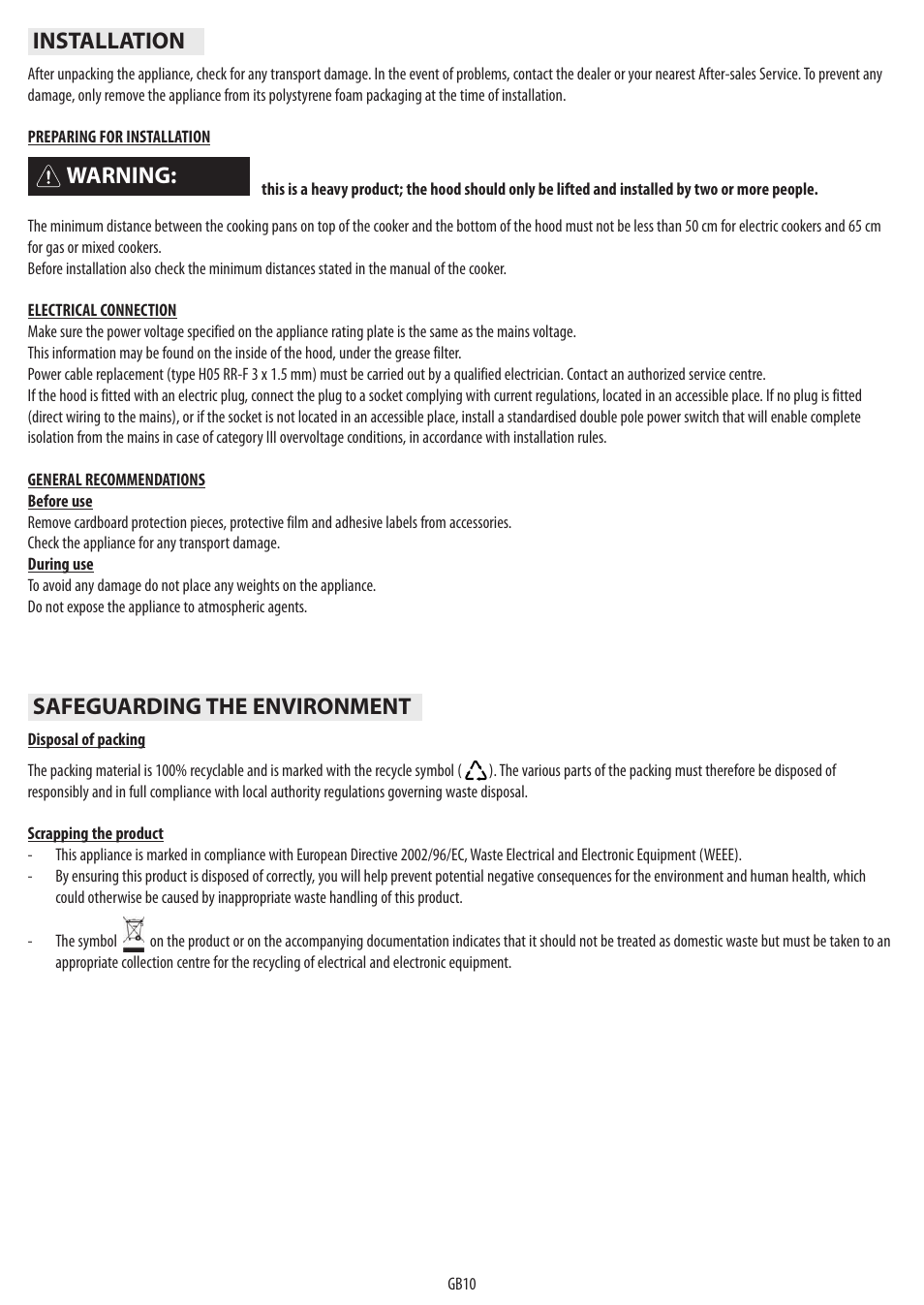 Warning, Installation safeguarding the environment | BAUKNECHT DTR 5890 / 02 IN User Manual | Page 12 / 68
