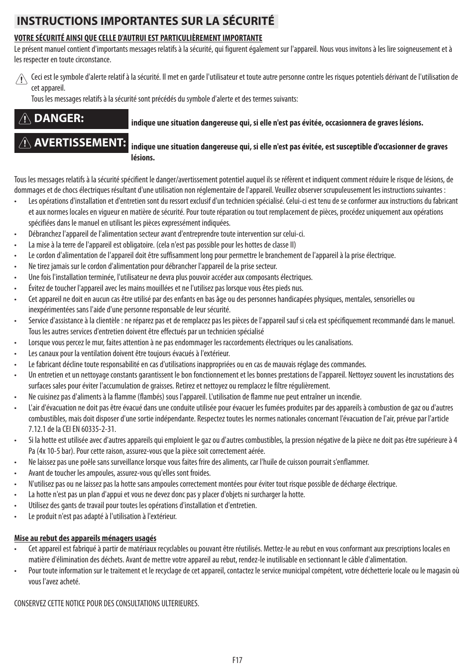 Instructions importantes sur la sécurité, Avertissement: danger | BAUKNECHT DTR 5890 / 02 IN User Manual | Page 19 / 68