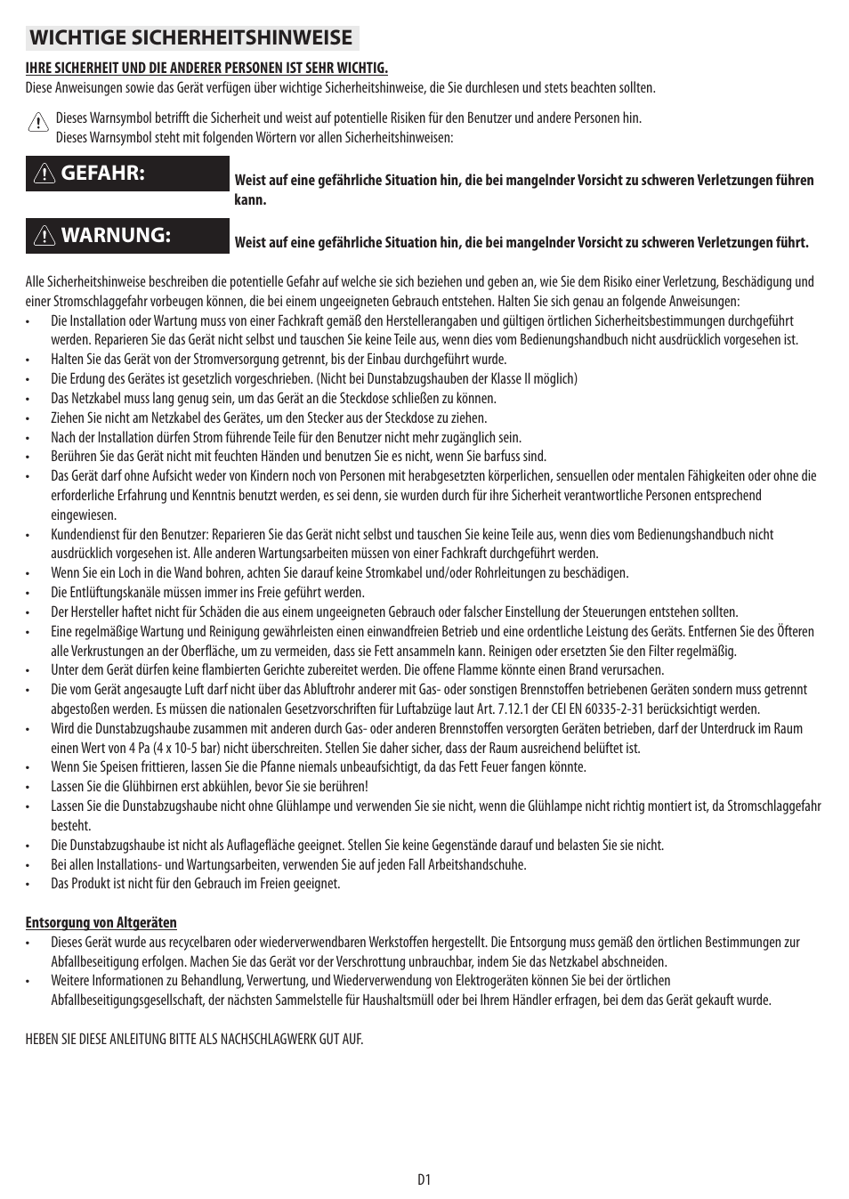 Wichtige sicherheitshinweise, Warnung: gefahr | BAUKNECHT DTR 5890 / 02 IN User Manual | Page 3 / 68