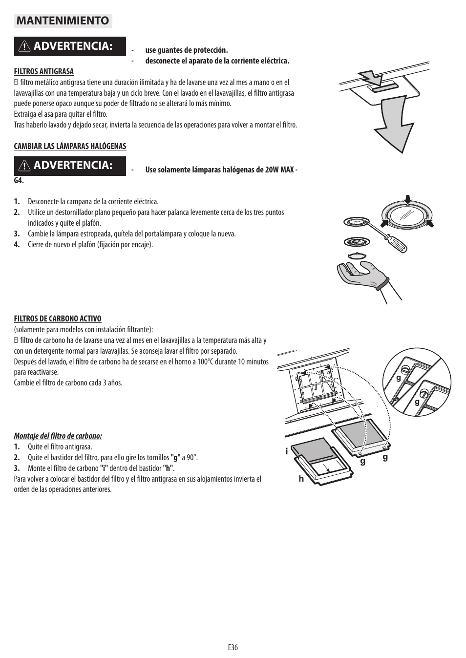 Advertencia, Advertencia: mantenimiento | BAUKNECHT DTR 5890 / 02 IN User Manual | Page 38 / 68
