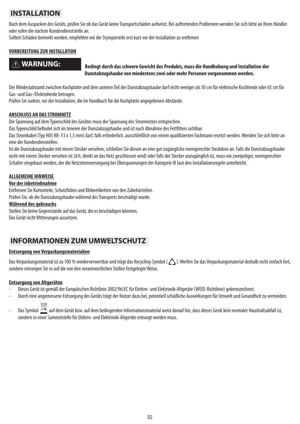 Warnung, Installation informationen zum umweltschutz | BAUKNECHT DTR 5890 / 02 IN User Manual | Page 4 / 68