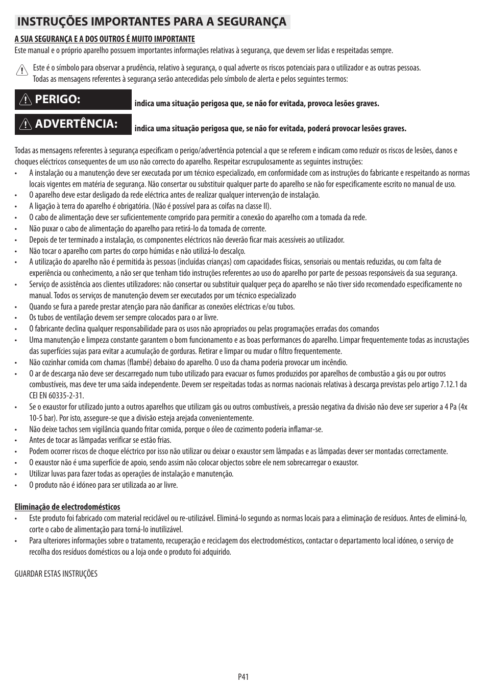 Instruções importantes para a segurança, Advertência: perigo | BAUKNECHT DTR 5890 / 02 IN User Manual | Page 43 / 68