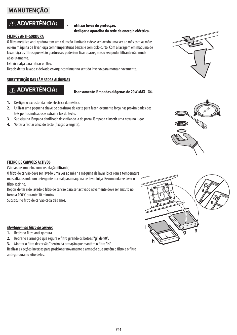 Advertência, Advertência: manutenção | BAUKNECHT DTR 5890 / 02 IN User Manual | Page 46 / 68