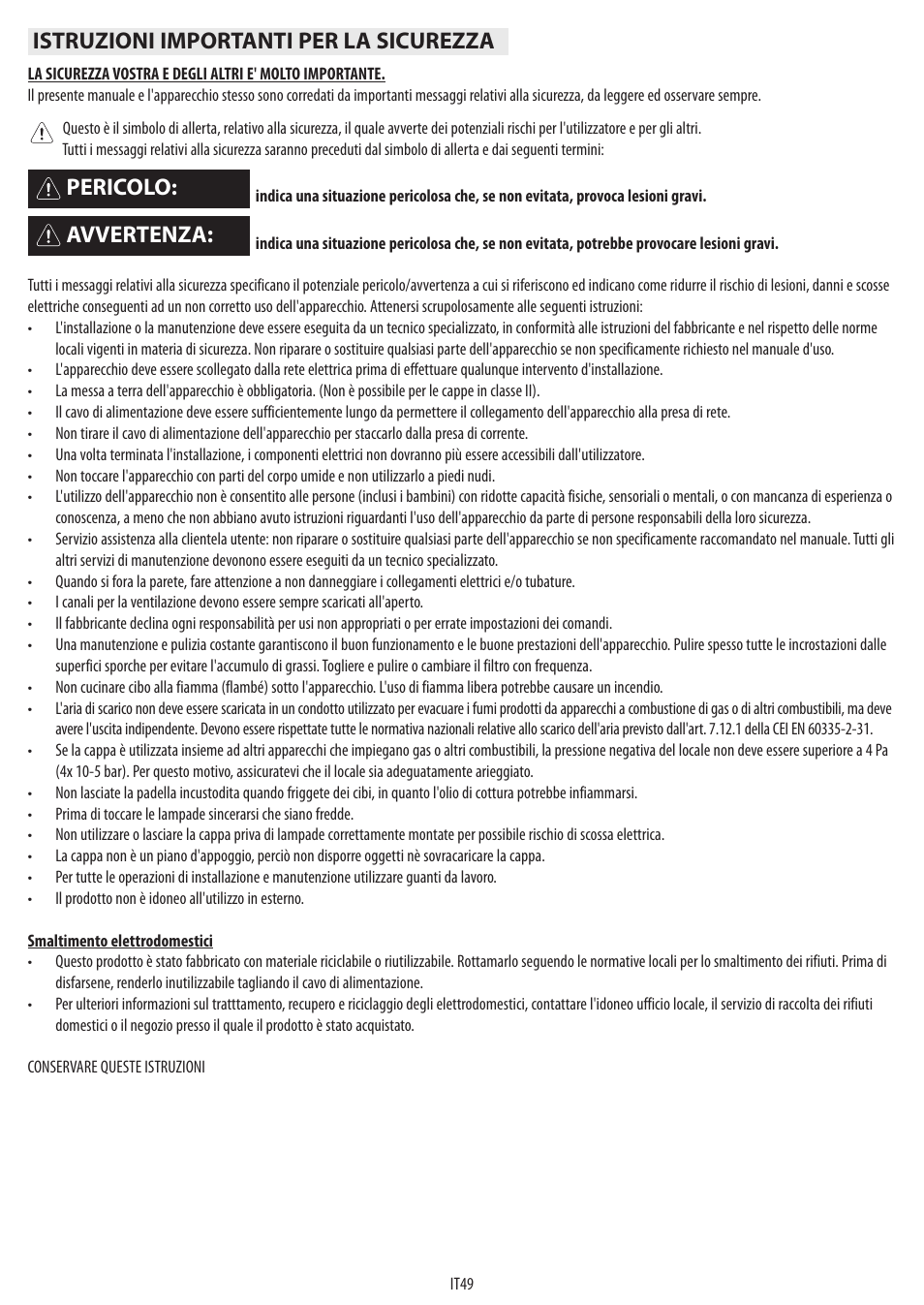 Istruzioni importanti per la sicurezza, Avvertenza: pericolo | BAUKNECHT DTR 5890 / 02 IN User Manual | Page 51 / 68