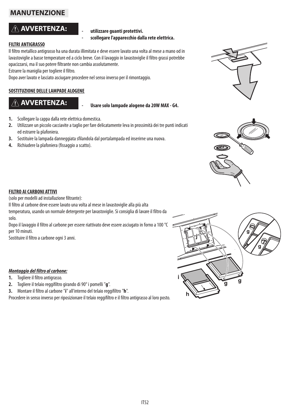Avvertenza, Avvertenza: manutenzione | BAUKNECHT DTR 5890 / 02 IN User Manual | Page 54 / 68