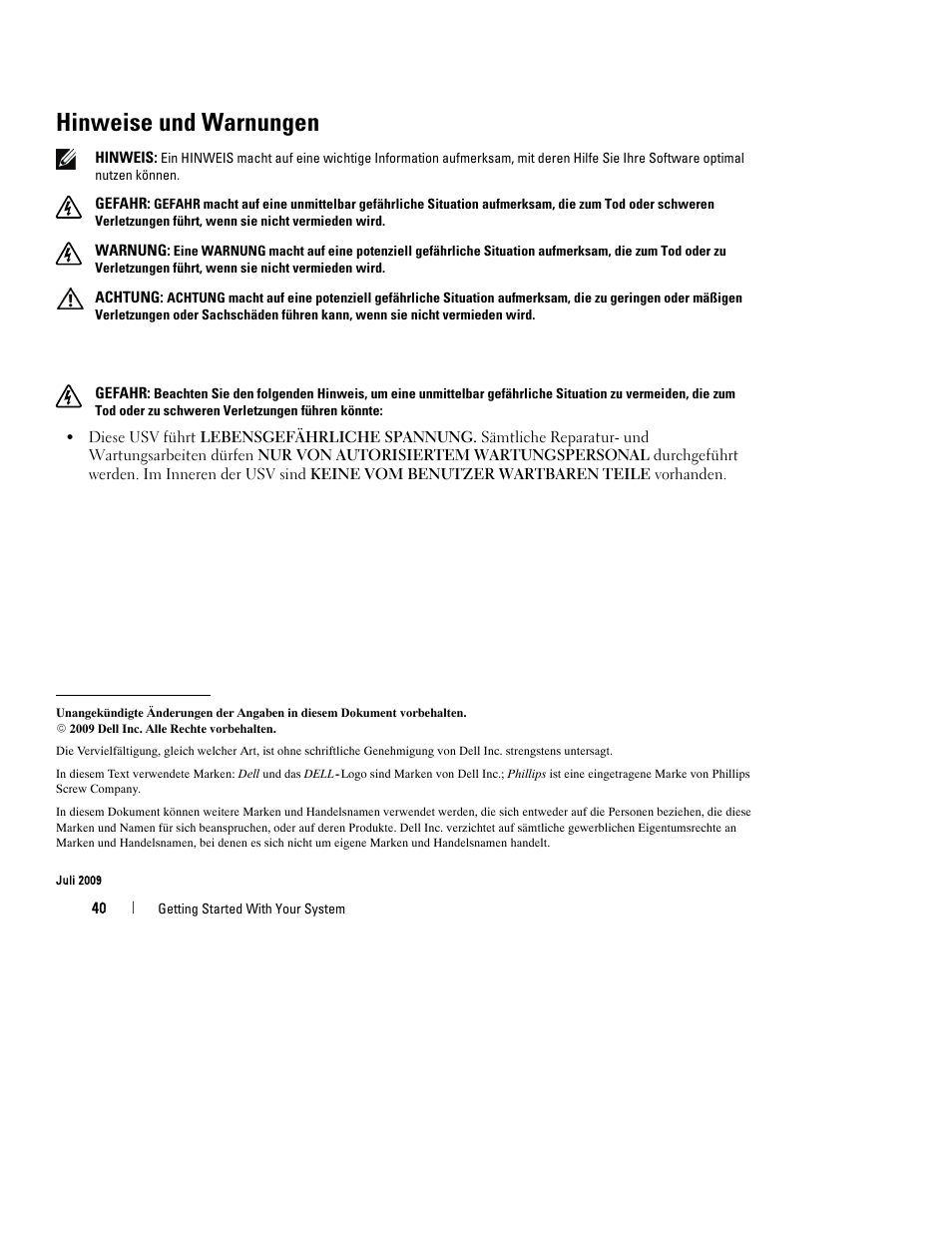 Hinweise und warnungen | Dell UPS 1000R User Manual | Page 44 / 184
