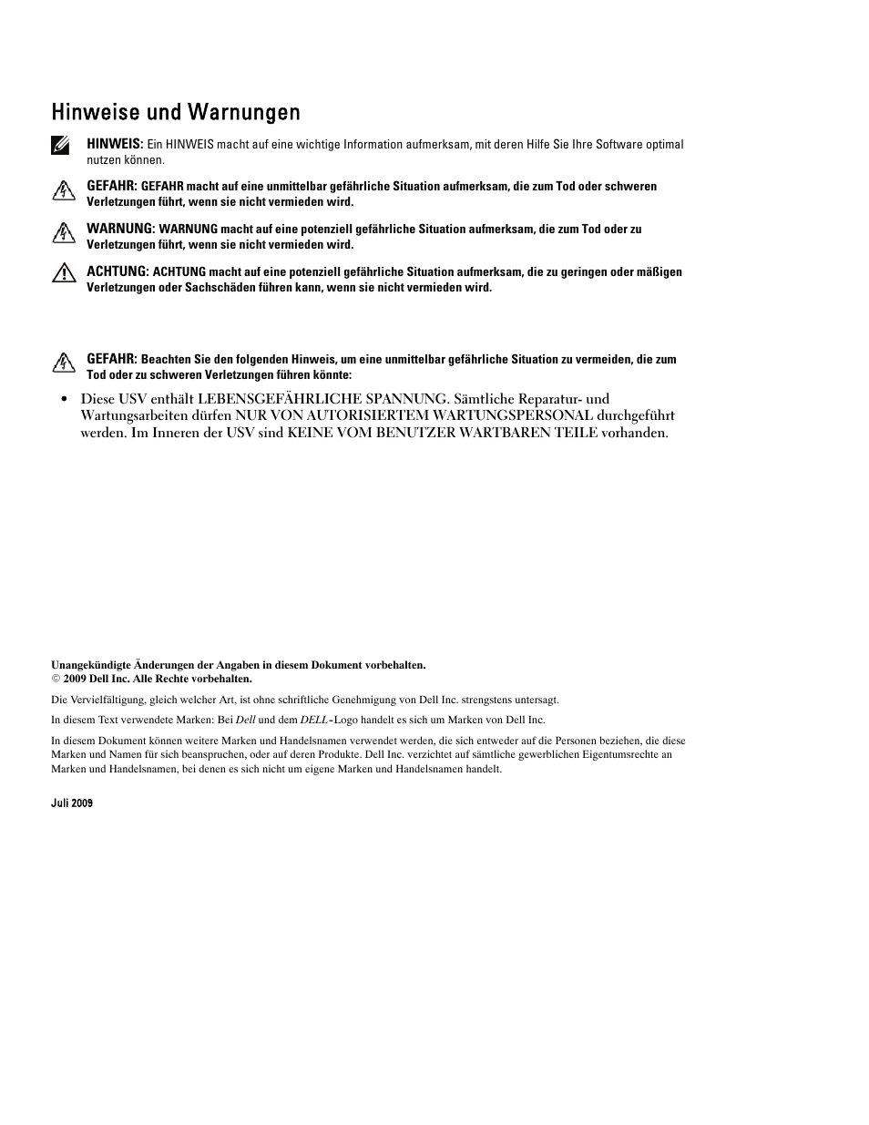 Hinweise und warnungen | Dell UPS 4200R User Manual | Page 48 / 202