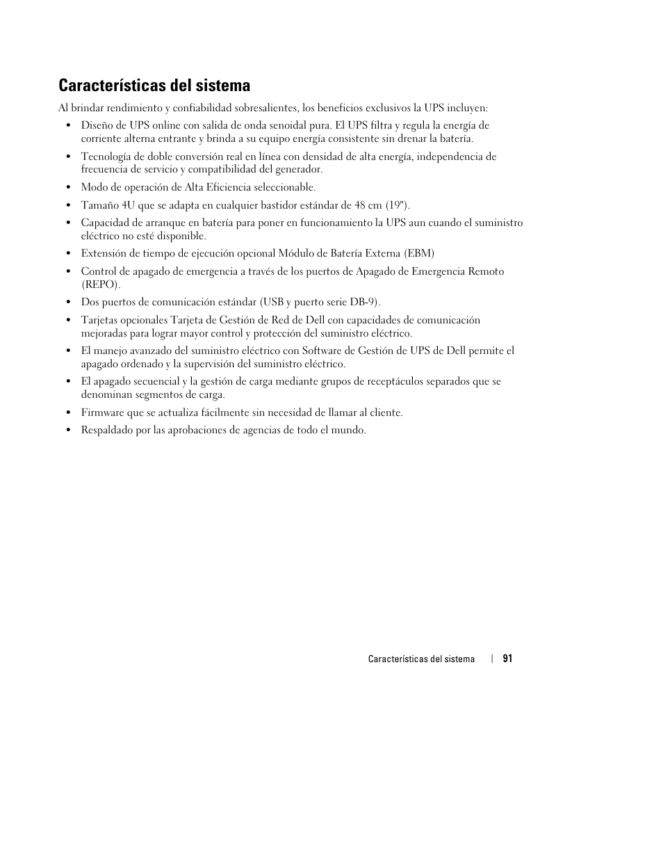 Características del sistema | Dell UPS 4200R User Manual | Page 93 / 202